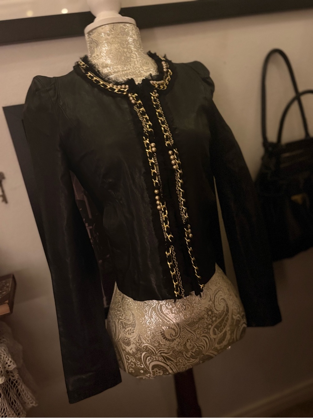 Sheepskin leather Women's Black Chain-Trim Blazer Jacket